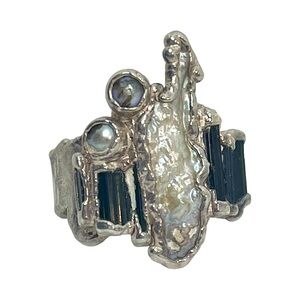 Vintage C + R Jewelry 999 Silver Green Tourmaline and Pearl Ring Size 8.5